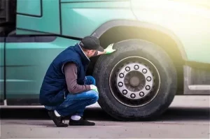 Keep Your Fleet Rolling With Fleet Maintenance | Mast Service Center in Etrna Green, IN. Image of a mechanic checking and analyzing a truck’s tires.