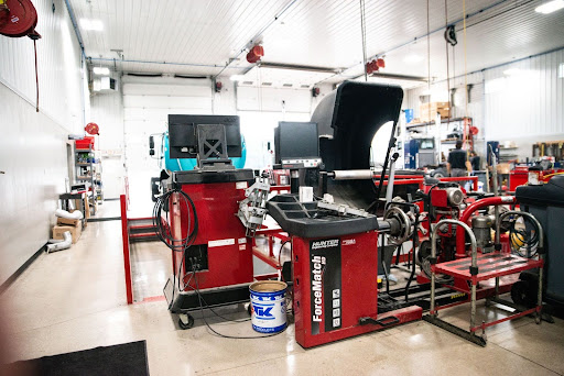 Wheel Alignment Services at Mast Service Center, Etna Green, IN. Image of hunter alignment machine in shop.