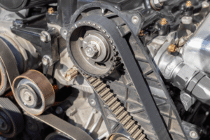 Timing belt replacement, auto repair in Etna Green, IN by Mast Service Center. Image of exposed engine timing belt, pulleys, and components during repair, highlighting precision engine maintenance to ensure reliable performance and prevent costly breakdowns.