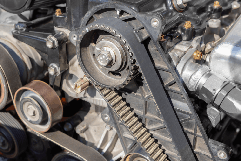 Timing belt replacement, auto repair in Etna Green, IN by Mast Service Center. Image of exposed engine timing belt, pulleys, and components during repair, highlighting precision engine maintenance to ensure reliable performance and prevent costly breakdowns.