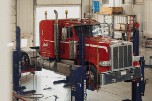 Heavy Truck Repair in Etna Green, IN at Mast Service Center. Heavy-duty truck in an auto repair shop undergoing maintenance and inspection
